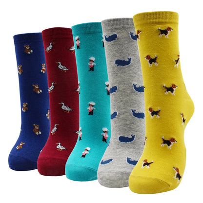 5 Pairs New Fashion Colorful Harajuku Korean Kawaii Cute Women Socks Cat Dog Owl Stripe Avocado Girl Cotton Cartoon Socks
