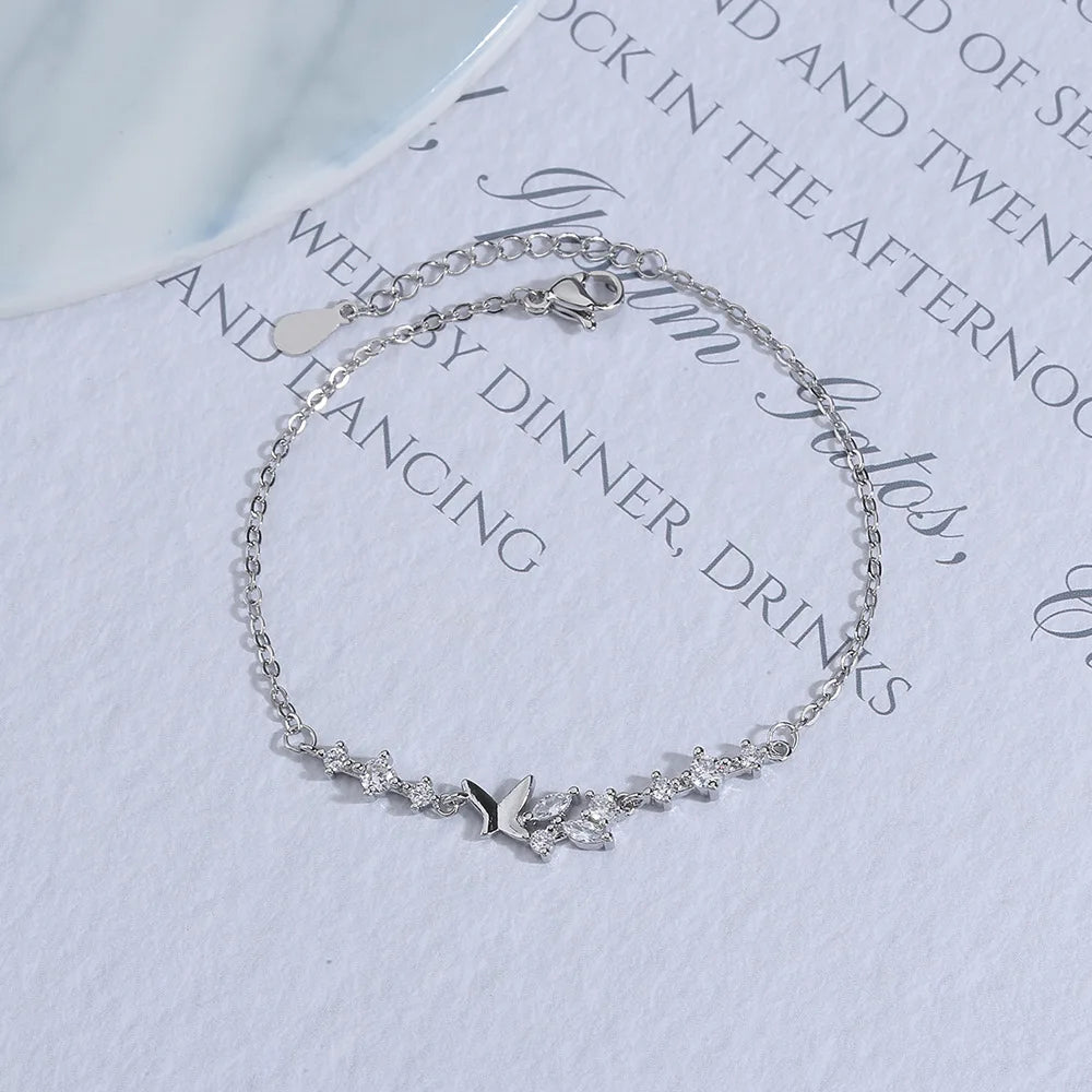 VENTFILLE 925 Sterling Silver Diamond-Studded Butterfly Bracelet Women's Fashion Temperament Flower Adjustable Bracelet