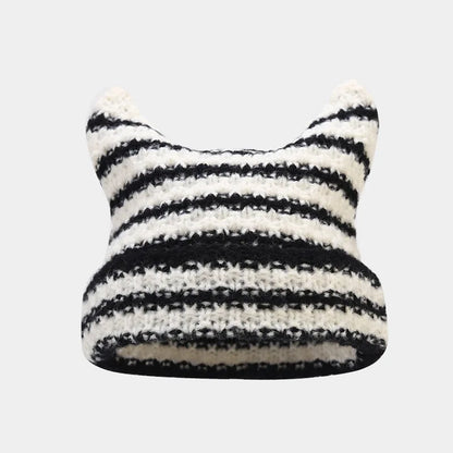 New Japanese Streetwear Harajuku Beanie Little Devil Striped Knitted Hat Women Girls Autumn Winter Cute Cat Ears Cap