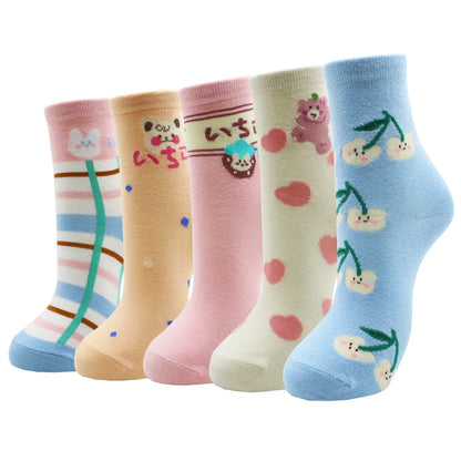 5 Pairs New Fashion Colorful Harajuku Korean Kawaii Cute Women Socks Cat Dog Owl Stripe Avocado Girl Cotton Cartoon Socks
