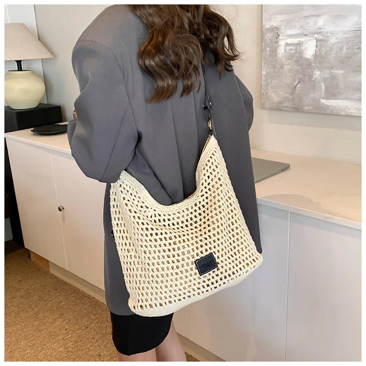 Beach Summer Bag for Women Mesh Woven Shoulder Bag Adjustable Strap Handbag Large Capacity Hobo Bag for Travel Vacation