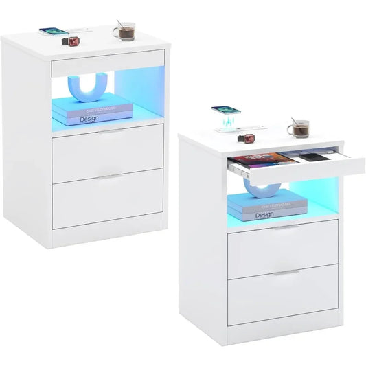 LED Nightstands Set of 2, Nightstand with Wireless Charging Station 2 Drawers, Modern Bedroom End Side Table with LED Lights