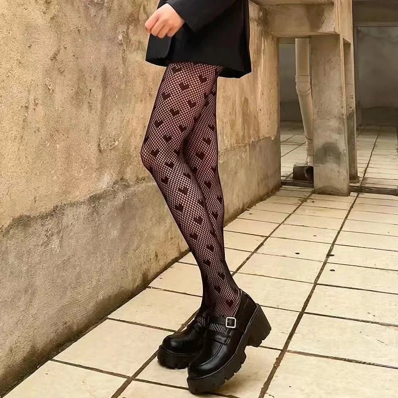 Kawaii Gothic Hollow Out Pantyhose Lolita Bow Knot Fishnet Stockings Women Spicy Girl Black White Sexy Thin Ins Tide Lace Tights