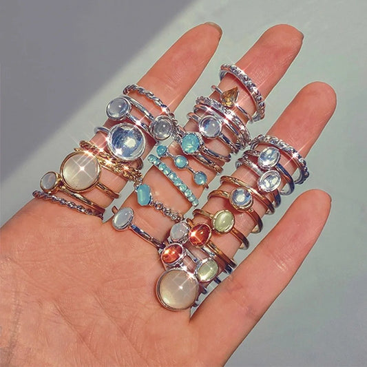 Vintage Colorful Crystal Stone Rings Set for Women Trendy Gold Silver Color Glazed Ring Set Geometric Resin Rings Party Jewelry
