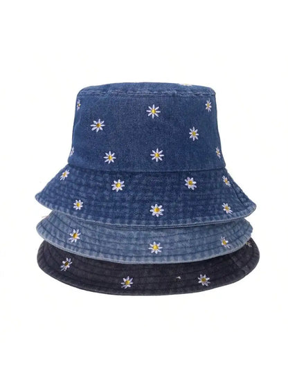 Spring Summer Strawberry Embroidery Denim Jeans Bucket Hat Legent Fisherman Hats for Women Foldable Sport Sun Beach Panama Caps
