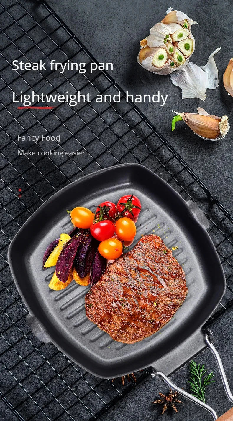 Foldable Portable Frying Pan Picnic Grill Pan Anti-scald Wooden Handle Outdoor Grill Pan Double Mouth Steak Pan(No Lid)