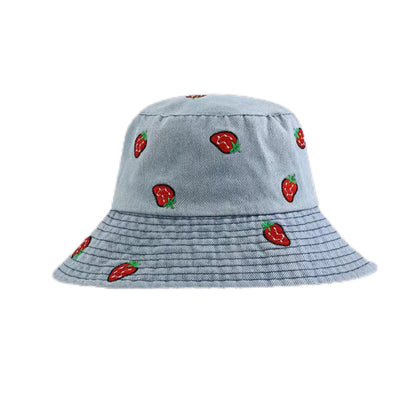 Spring Summer Strawberry Embroidery Denim Jeans Bucket Hat Legent Fisherman Hats for Women Foldable Sport Sun Beach Panama Caps