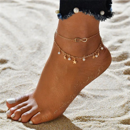 VAGZEB 2024 New Bohemia Handcuffs Anklet Multilayer Silver Color Foot Chain Fashion Ankle Bracelet For Women Beach Jewelry