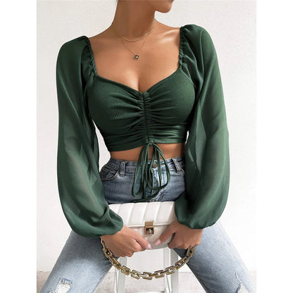 S-3XL Mesh Lantern Sleeves Drawstring Wrap Chest Bare Midriff T-Shirt Women Long Sleeve Ruched Blouse Sexy Crop Top Tee K5995