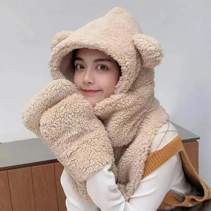 Cute Bear Ear Hat Fashion Winter Warm Comforts Polyester Thickened Plush Hoodie Hat Scarf Gloves Set Girl Kawaii Warm Casual Hat