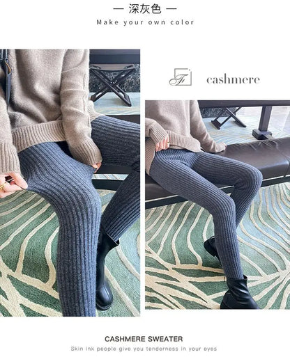 Slim Leggings Autumn Women High Waist Casual Trousers Knitted Ribbed Thicken Solid Elasticity Thermal  Ankle-Length Leggins