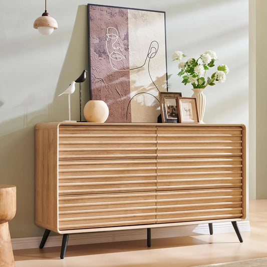 6 Drawers Dresser for Bedroom, 54'' Wide Mid Century Modern Wood Fluted Double Dresser, Chest of Drawers with Tapered Leg