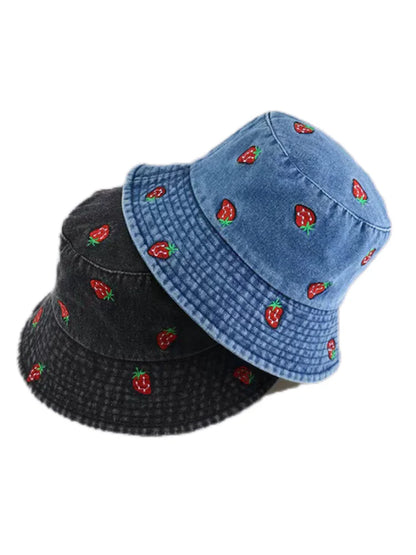 Spring Summer Strawberry Embroidery Denim Jeans Bucket Hat Legent Fisherman Hats for Women Foldable Sport Sun Beach Panama Caps