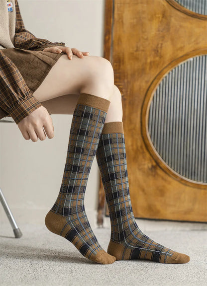 Stockings Women Harajuku Retro Vintage Plaid Long Socks Stocking JK College Style School Girls Cotton Knee Socks Women Stockings