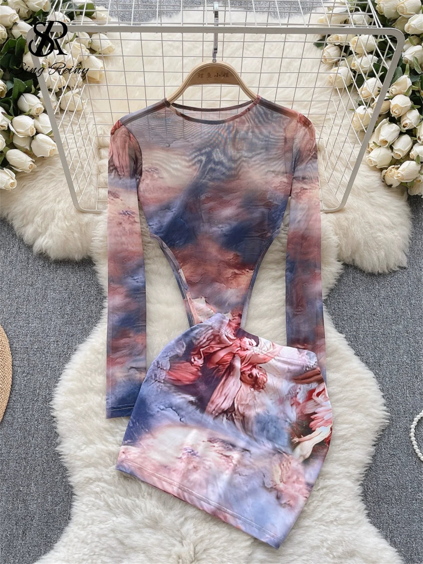 SINGREINY Fashion Hotsweet Two Pieces Suits O Neck Long Sleeved Transparent BodySuit Top+ Skinny Mini Skirt Tie Dye Print Sets