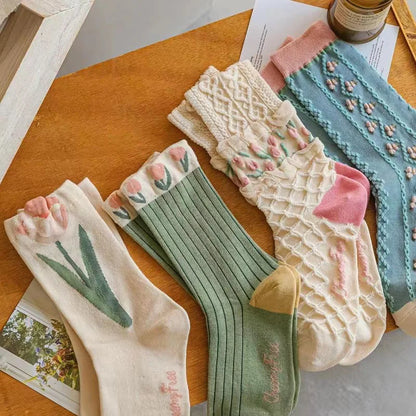 Women Socks Flower Rabbit Pattern Cute Kawaii Japanese Korean Style Cotton Harajuku Funny Breathable Casual Spring Floral Socks