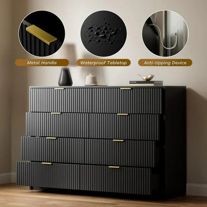 55" Wide Dresser Bedroom, Fluted 8-Drawer Double Dresser with Gold Handles, Modern Tall Chest of Drawers for Bedroom, Dressers