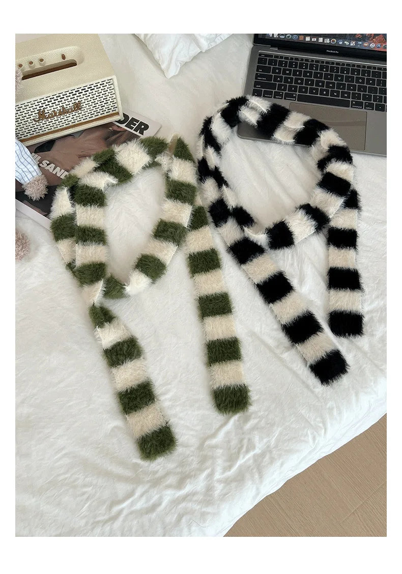 Striped Plush Scarf Women's Niche Design Sense Spice Girl Versatile Decoration Korean Version Thin and Narrow Long Scarf