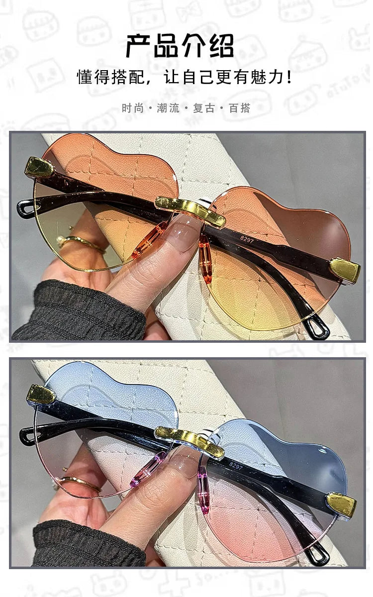 New Rimless Sunglasses Heart Fashion Pc Frame Women Men Code Round Sun Glasses for Female Male Gradient Traveling Oculos Glasses