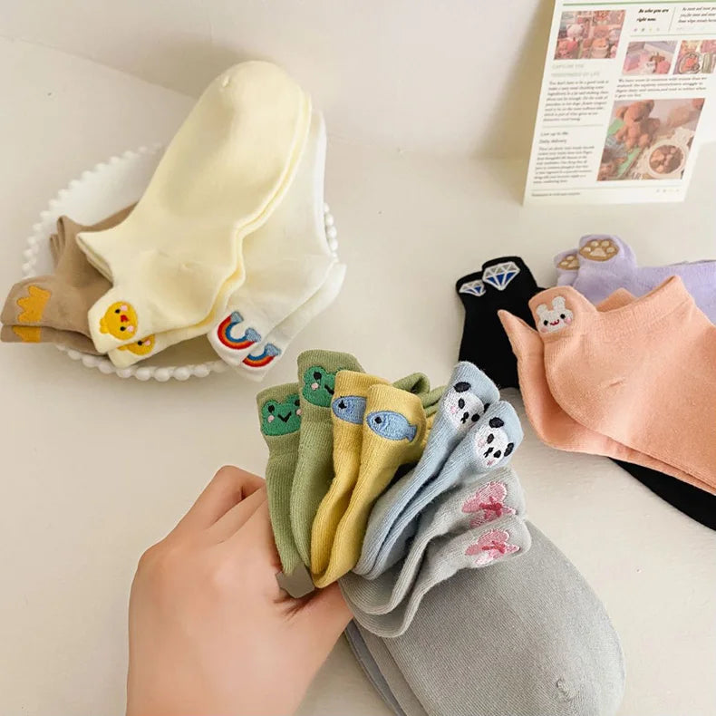 5 Pair Cute Embroidery Animal Women Socks Spring Summer Short Shallow Mouth Fashion Rainbow Female Low Cube Socks Set