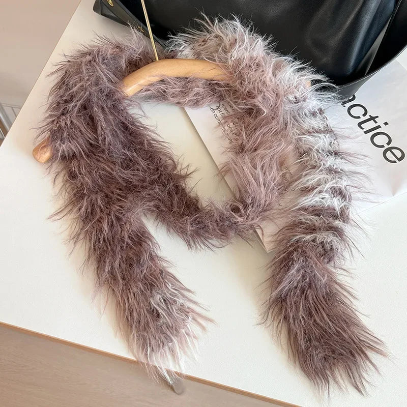 Striped Plush Scarf Women's Niche Design Sense Spice Girl Versatile Decoration Korean Version Thin and Narrow Long Scarf