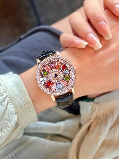 1pc Dazzling And Fashionable Women's Quartz Watch With Colorful Rhinestone Inlay, Featuring An Alluring Rotatable Dial, Durable