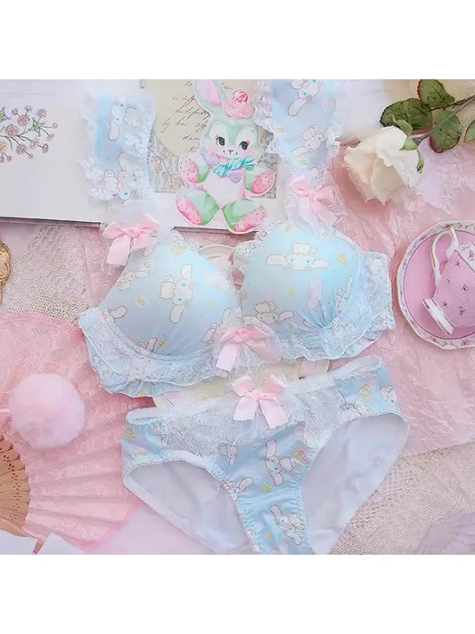 YUQI Japanese-Inspired Bra Set Wireless Bralette Small Chest Enhancer Sweet Lace Underwear Teens Soft Pure Comfort Non-Padded