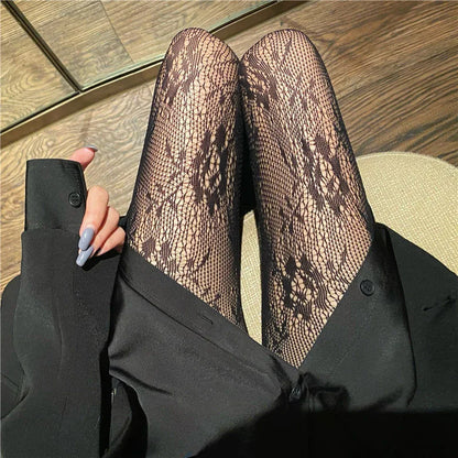 Kawaii Gothic Hollow Out Pantyhose Lolita Bow Knot Fishnet Stockings Women Spicy Girl Black White Sexy Thin Ins Tide Lace Tights
