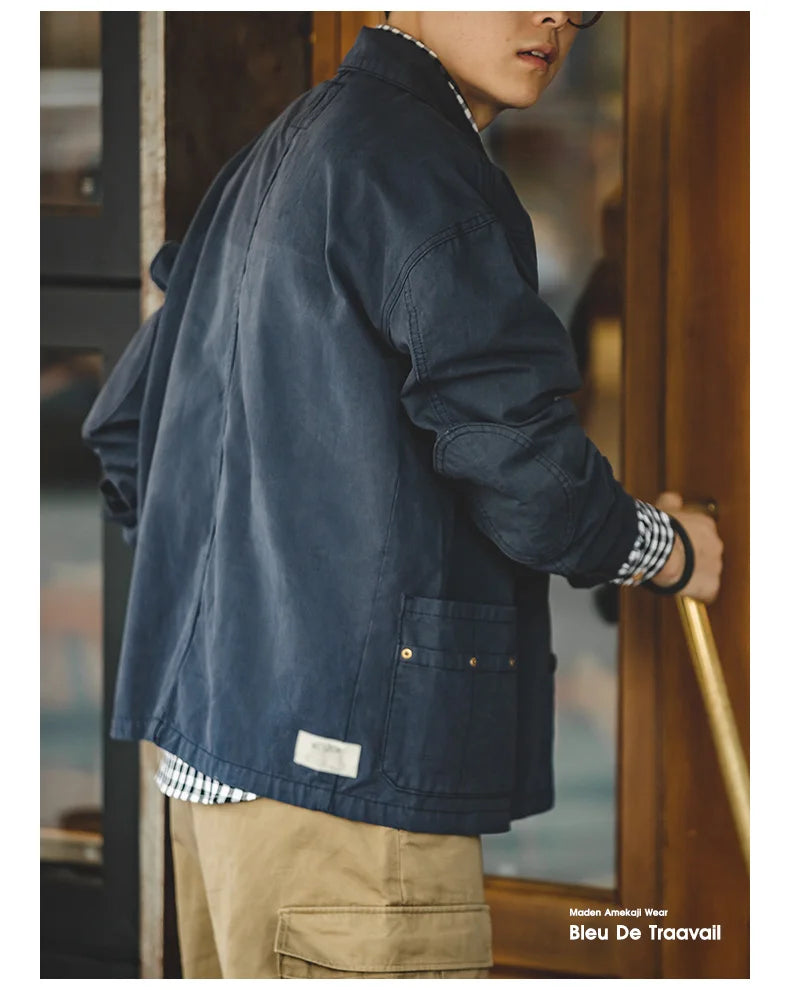 Maden Retro French Jacket Multi-Pocket Lapel Navy Heavyweight Single-breasted Hunting Coat for Men's Spring and Autumn Tops
