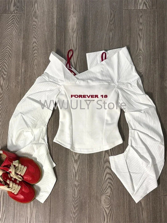 Woman 90s Aesthetic Fashion 3 Piece Set Spicy Girls Plaid Bra + White Print Long Sleeve Tops + Red Y2k Mini Skirt Korean Style