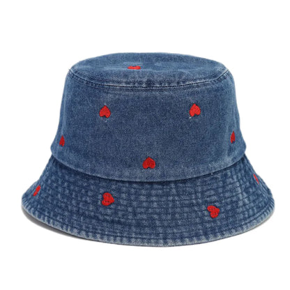 Spring Summer Strawberry Embroidery Denim Jeans Bucket Hat Legent Fisherman Hats for Women Foldable Sport Sun Beach Panama Caps