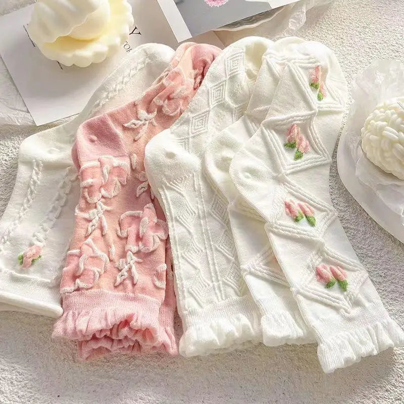 5 Pairs Lolita Japanese Woman Cute White Short Socks Set Girl Spring Summer Sweet Ruffle Lovely Cotton Socks For Women