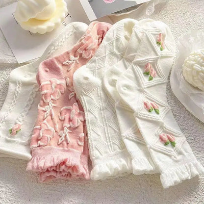 5 Pairs Lolita Japanese Woman Cute White Short Socks Set Girl Spring Summer Sweet Ruffle Lovely Cotton Socks For Women