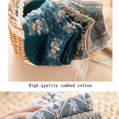 5 Pairs Lolita Japanese Woman Cute White Short Socks Set Girl Spring Summer Sweet Ruffle Lovely Cotton Socks For Women