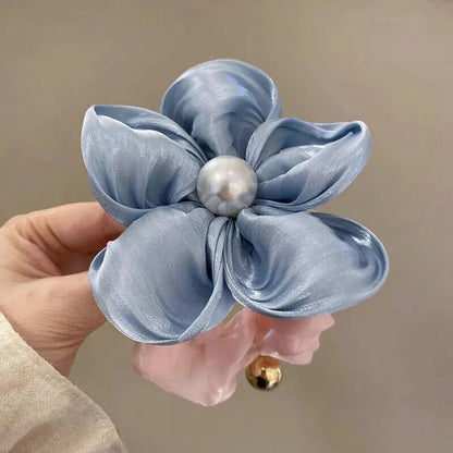 Elegant Pearl Rhinestone Flower Hair Rope Organza Stretch Scrunchies For Women Girls Hair Accessories Headwear Ponytail Holder