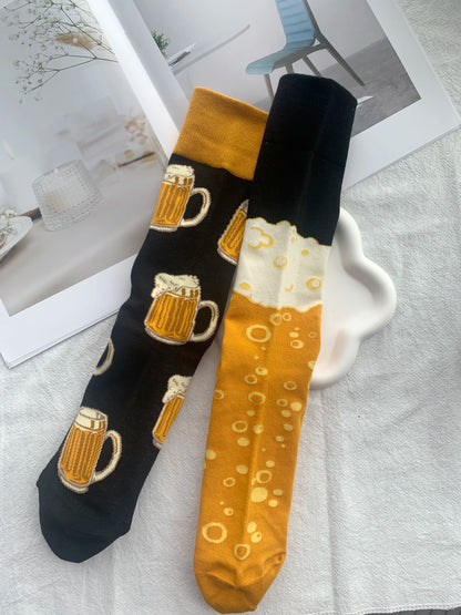CHAOZHU 1 Pair Big Size Male Ab Side Jacquard Long Crew Fashion Bear And Bubble Black Yellow Casual Fancies Socks