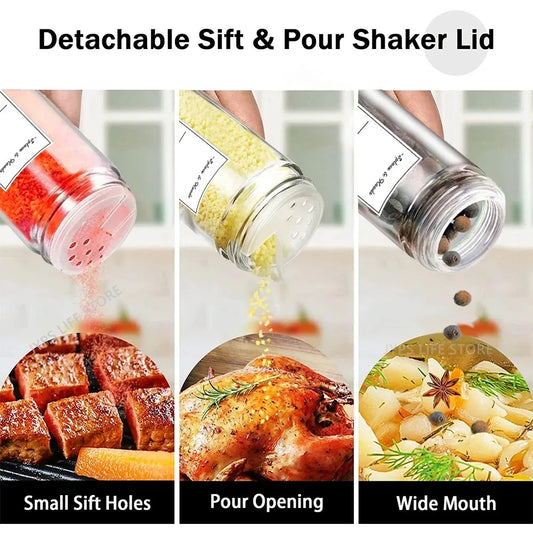 12 pcs Glass Spice Jars with Bamboo Lids Include with Minimalist Spice Labels Stickers Collapsible Funnel Kitchen Spice Jar Set