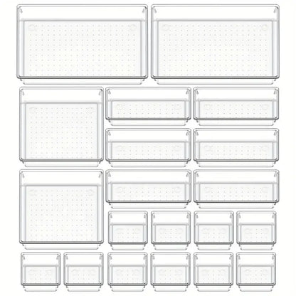 10-Piece Versatile Drawer Organizer Set - Clear Plastic Trays and Dividers in 4 Sizes for Perfect Makeup and Kitchen Storage
