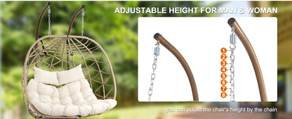 Outdoor Egg Swing Chair with Stand, 2 Person Patio Swing Chairs with Thick Cushions and Pillows, Wicker Double Egg Chair Swing