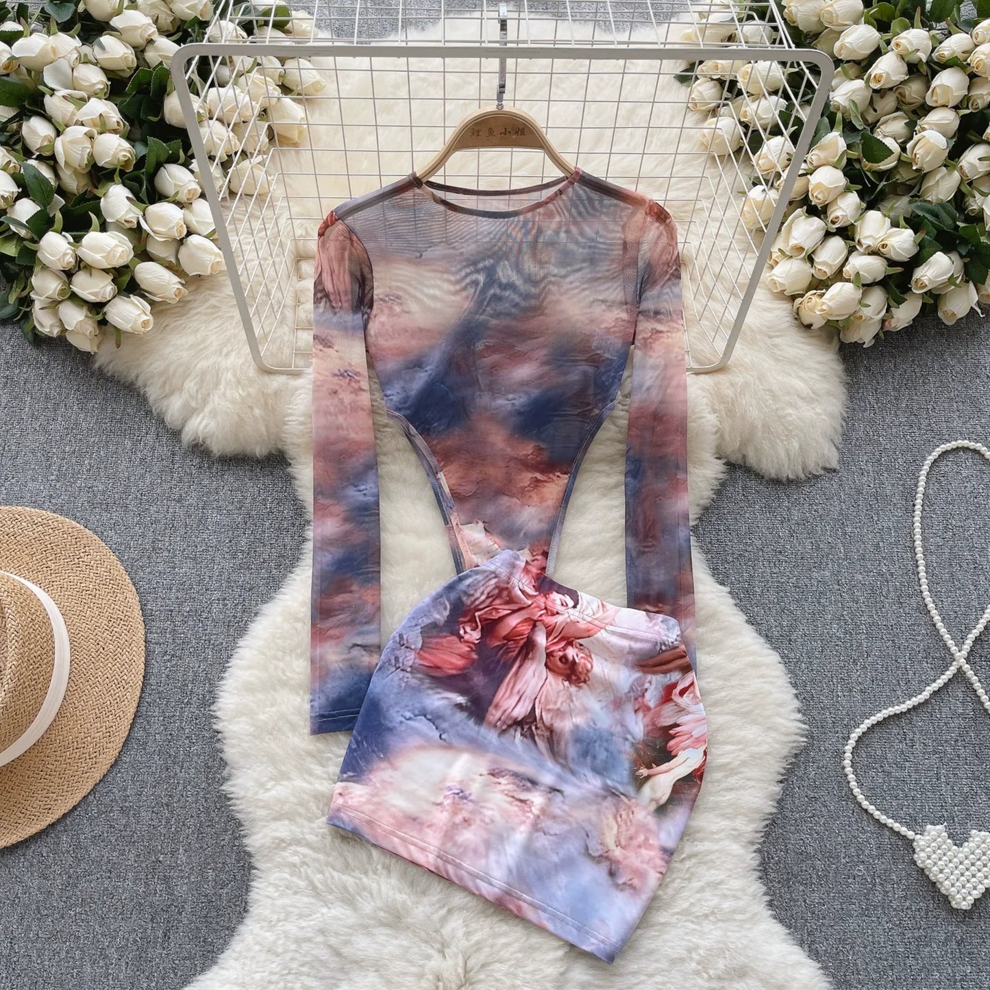 SINGREINY Fashion Hotsweet Two Pieces Suits O Neck Long Sleeved Transparent BodySuit Top+ Skinny Mini Skirt Tie Dye Print Sets