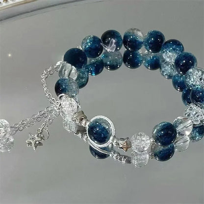 Niche Design Star Chain Tassel Bracelet for Women Fantasy Blue Crystal Beads Elastic Rope Bracelet Best Friend Jewelry Gifts