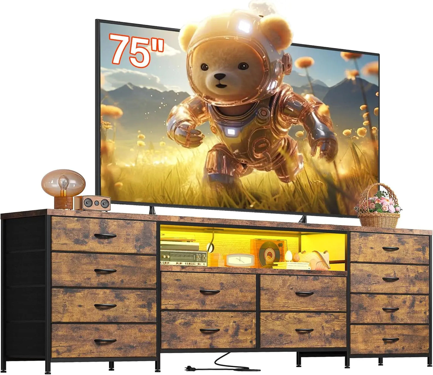 75 Inch TV 63" W Dresser TV Stand for Bedroom with LED Lights & Power Outlets & 12 Drawers Dresser