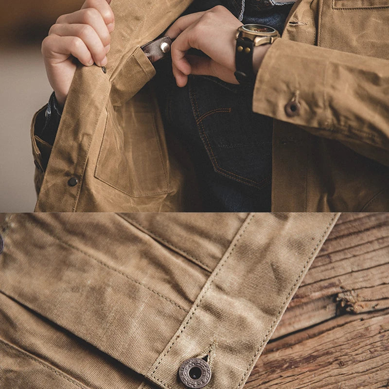 Maden Vintage Men's Canvas Oil Wax Jackets Khaki Multi-pocket Lapel Collar Single-breasted Jacket Windbreaker for Male Outwear