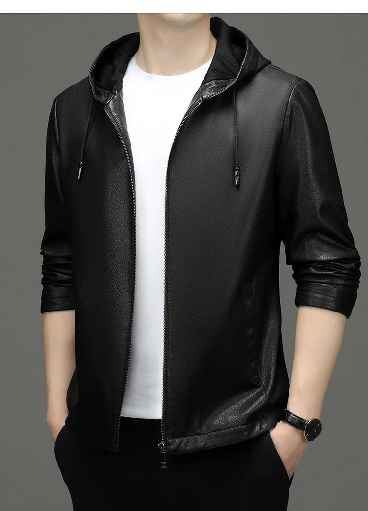 2024 High Quality Hooded Leather Fashion Handsome Trend Solid Color Casual Dad Dad Motorcycle Leather Jacket Upscale  M-4XL