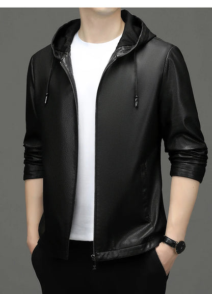 2024 High Quality Hooded Leather Fashion Handsome Trend Solid Color Casual Dad Dad Motorcycle Leather Jacket Upscale  M-4XL