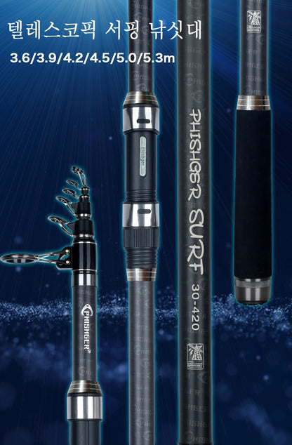 PHISHGER Telescopic Surf Spinning Rod 3.6/4.2/4.5m Power80-150g 30T Carbon Travel Surfcasting Shore Casting Biutifu Fishing Pole