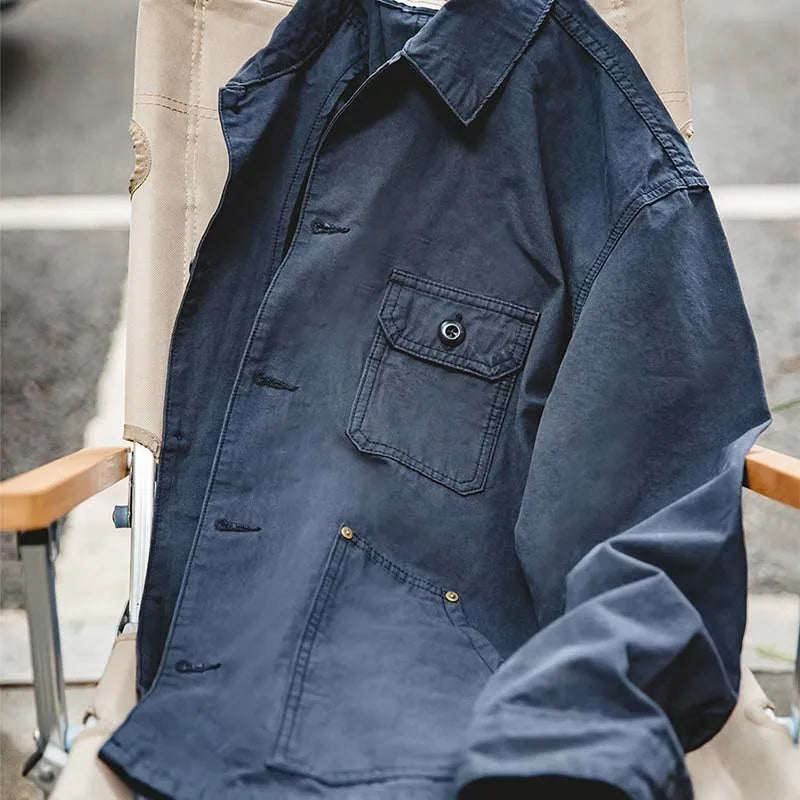 Maden Retro French Jacket Multi-Pocket Lapel Navy Heavyweight Single-breasted Hunting Coat for Men's Spring and Autumn Tops