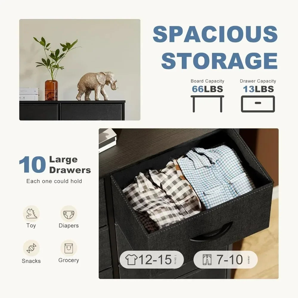 Dresser for Bedroom, Tall Storage Drawers, Fabric Storage Tower with 10 Drawers, Chest of Drawers with Fabric Bins, Sturdy Metal