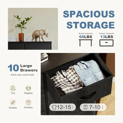 Dresser for Bedroom, Tall Storage Drawers, Fabric Storage Tower with 10 Drawers, Chest of Drawers with Fabric Bins, Sturdy Metal
