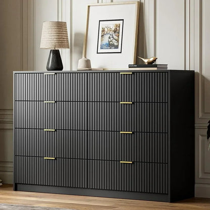 55" Wide Dresser Bedroom, Fluted 8-Drawer Double Dresser with Gold Handles, Modern Tall Chest of Drawers for Bedroom, Dressers